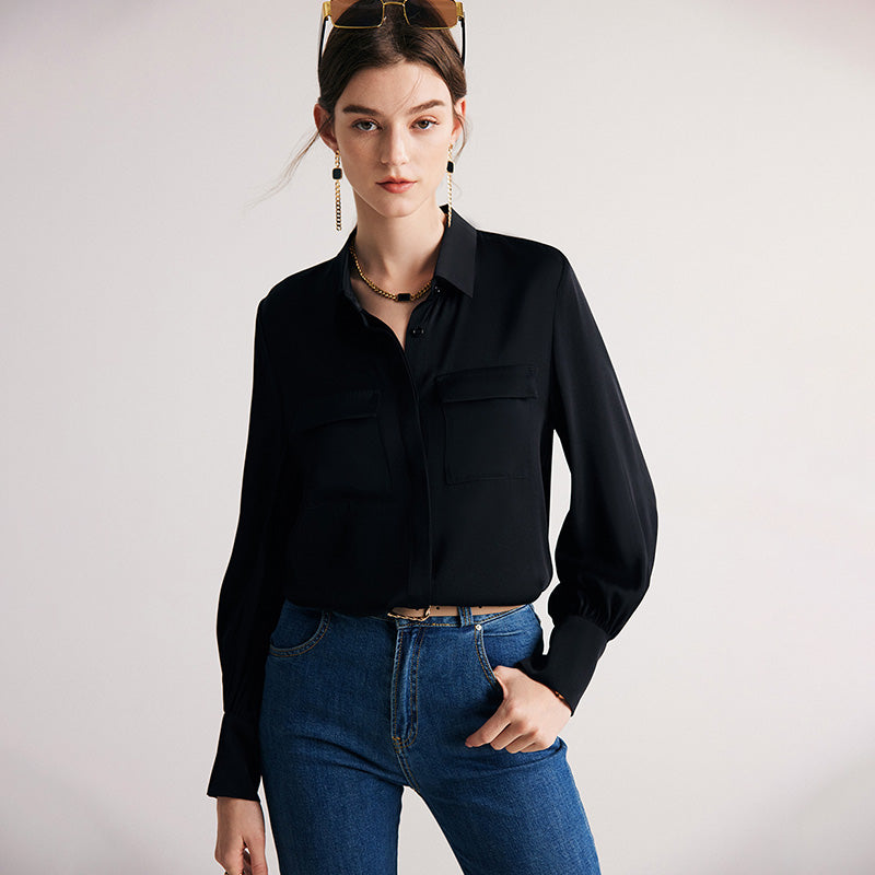 Chest Pocket Stand Collar Long Sleeve Top