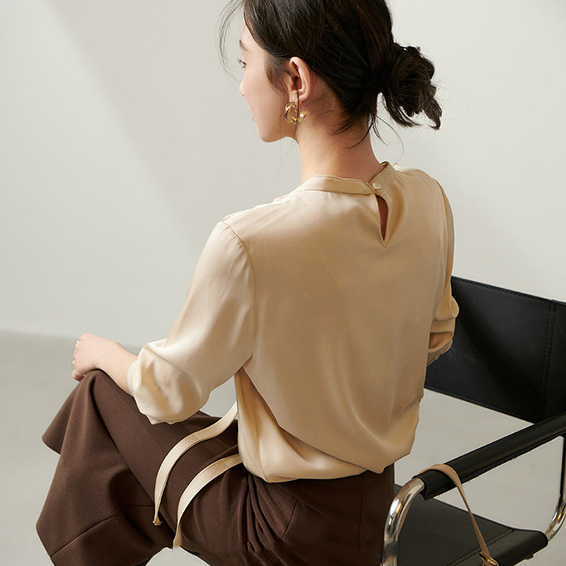 Silk Long Sleeve Top with Tied Ruffles at the Neckline