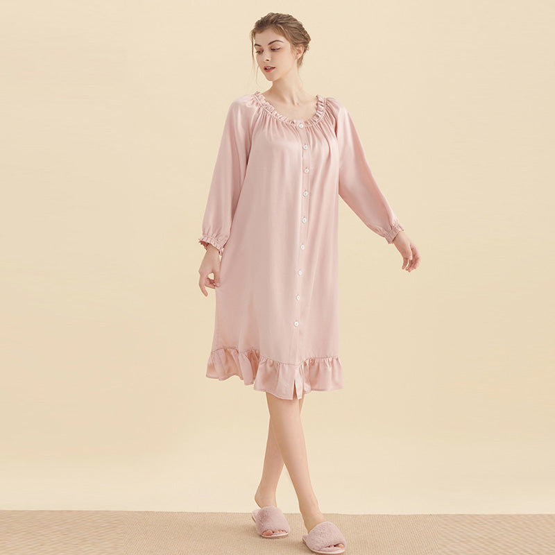 Ruffled Design Buttoned Nightgown