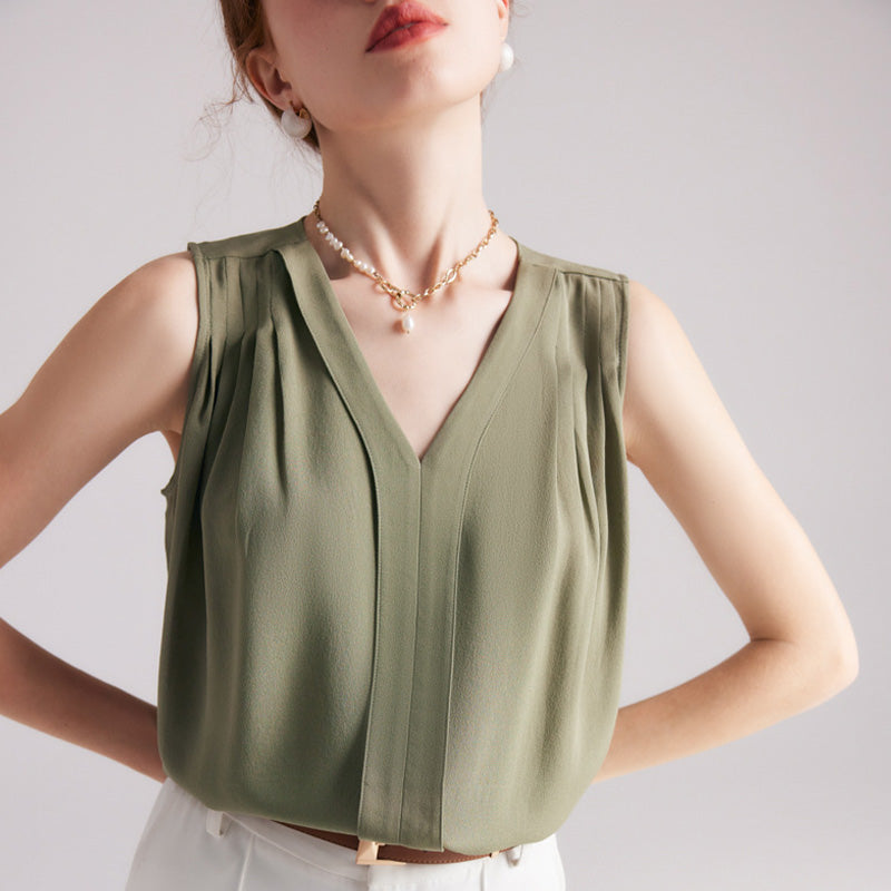 V-Neck Pleated Patchwork Design Sleeveless Top