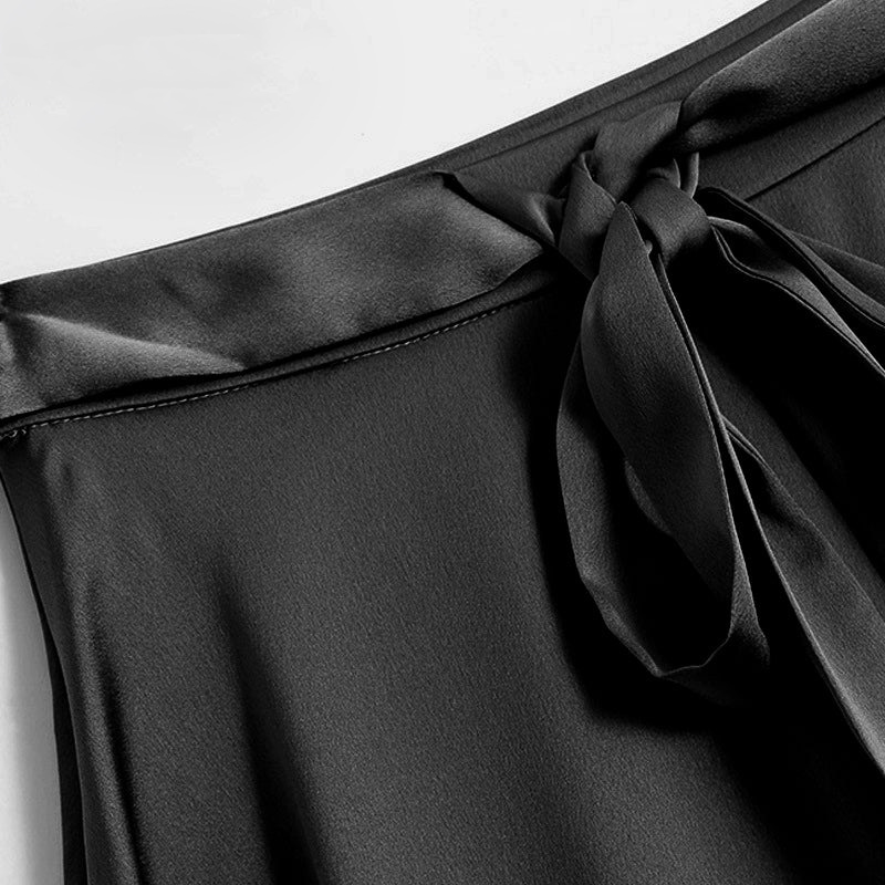 High Waist Tie Dark Satin Silk Skirt