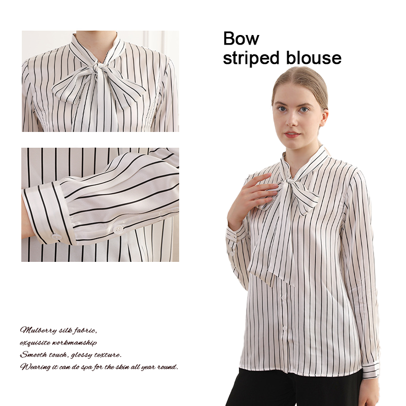 Silk Bow Neckline Striped Shirt