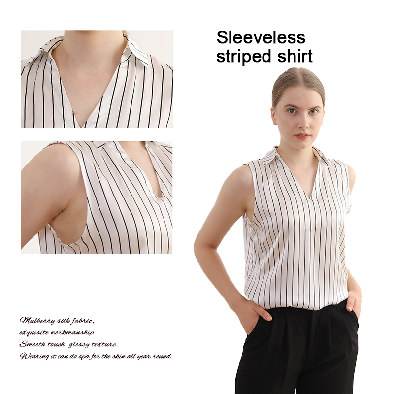 V-Neck Sleeveless Silk Striped Blouse