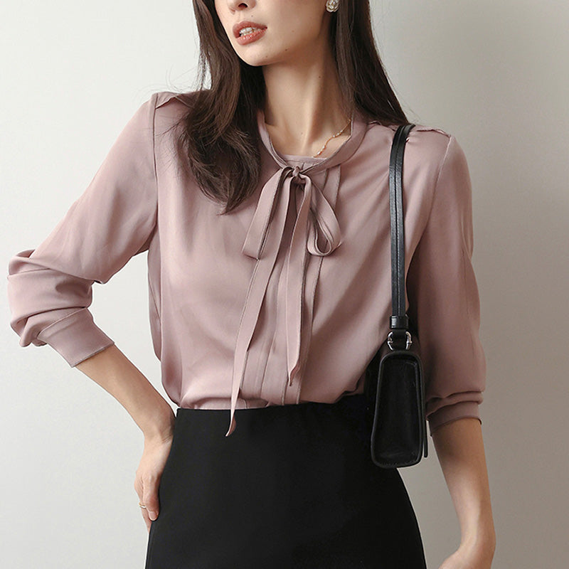 Silk Long Sleeve Top with Tied Ruffles at the Neckline