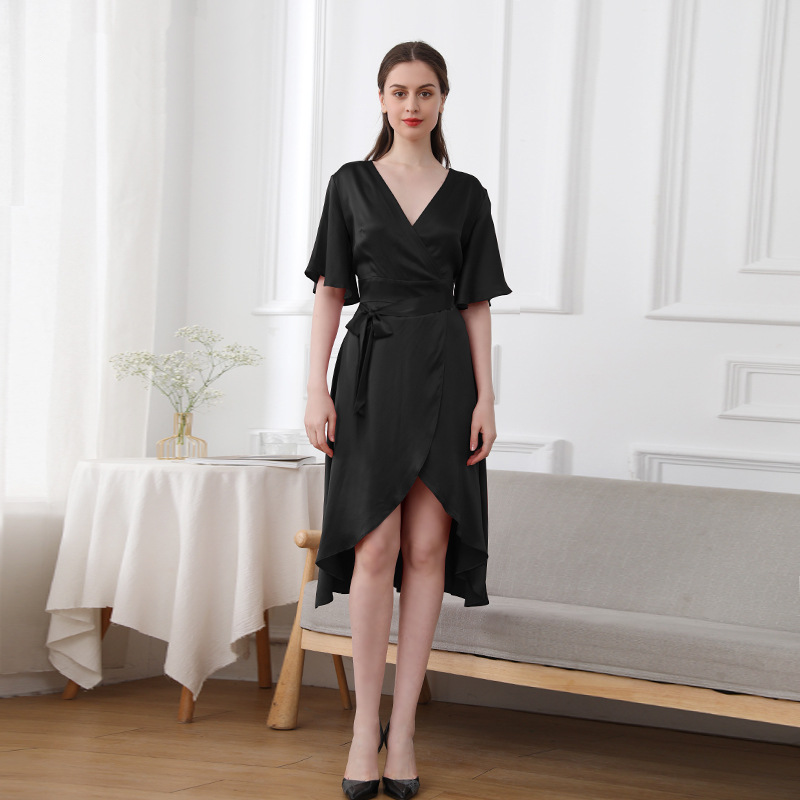 Silk V-Neck Design Irregular Hem Satin Dress