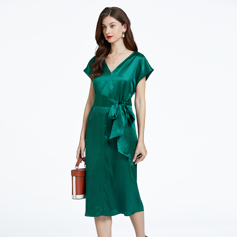 Figure Flattering V-Neck Silk Wrap Dress