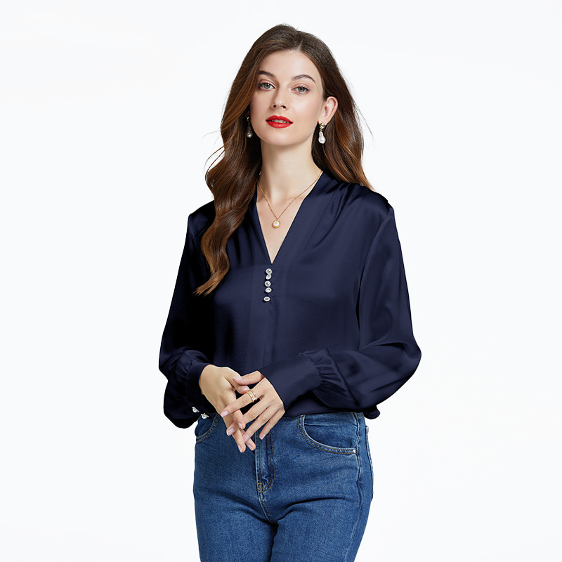 Button Trim V-Neck Office Silk Shirt