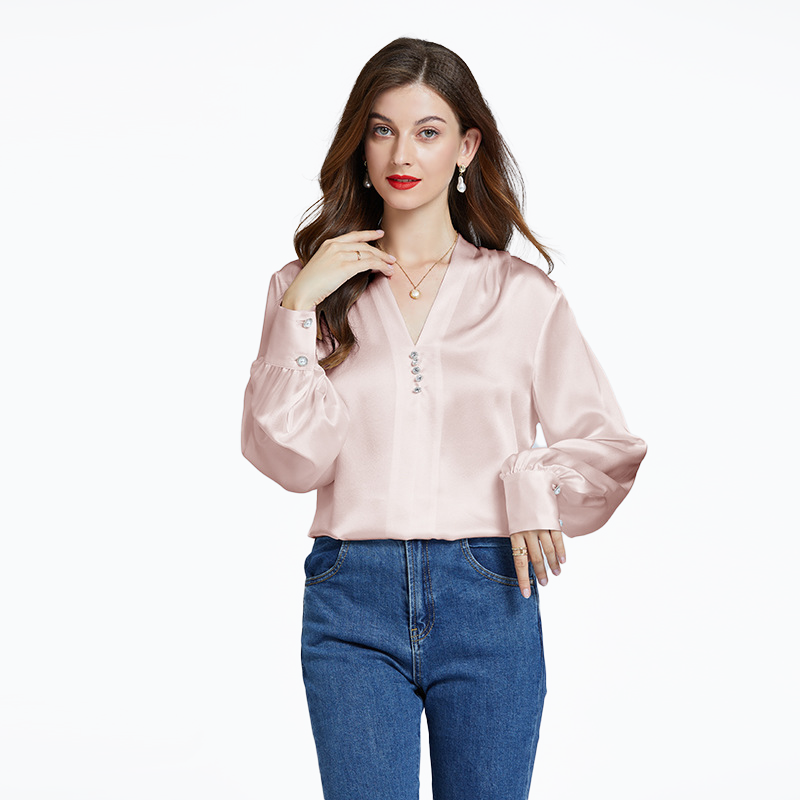 Button Trim V-Neck Office Silk Shirt